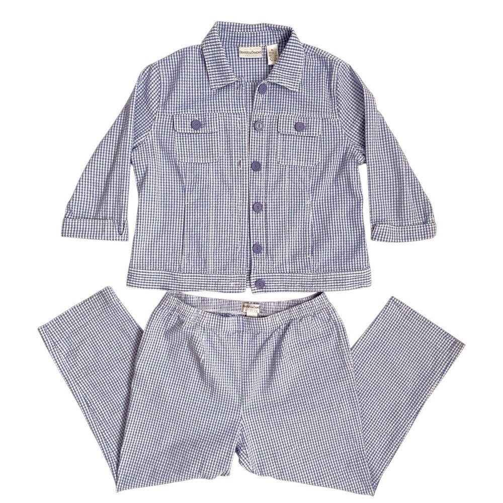Vintage 90s Western Country Blue Gingham Pants & Button Down Cropped Jacket Set